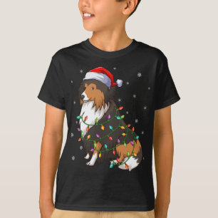 Funny Sheltie Dog Xmas Lighting Santa Hat Sheltie  T-Shirt