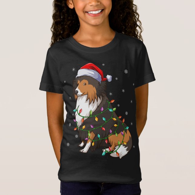 Funny Sheltie Dog Xmas Lighting Santa Hat Sheltie  T-Shirt (Front)