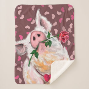 Funny Sherpa Blanket Gentleman Pig with Rose