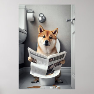 Funny Shiba Inu Bathroom Print Dog on Toilet