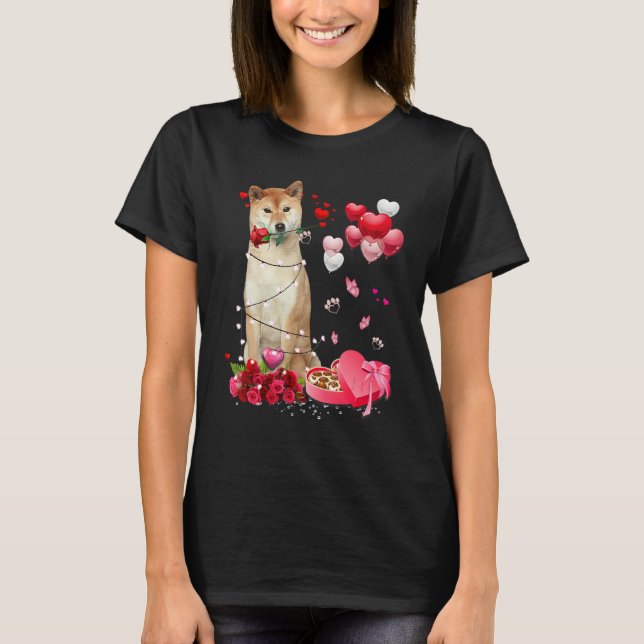 Funny Shiba Inu Rose Heart Happy Valentine Day Dog T-Shirt (Front)