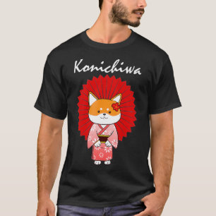 Funny Shiba Inu Uni Dog Konichiwa Kimono Flower Dr T-Shirt