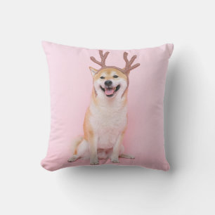 funny shiba inu wearing christmas deer costume cushion