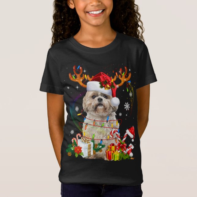 Funny Shih Tzu Christmas Reindeer Christmas Lights T-Shirt (Front)