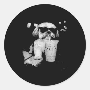 Funny shih tzu drinking iced coffee dog lovers classic round sticker