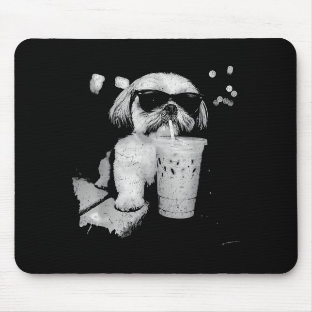 Funny shih tzu drinking iced coffee dog lovers mouse pad (Front)