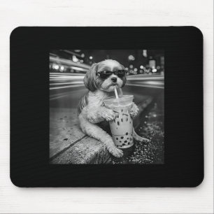 Funny Shih Tzu Drinking Iced Coffee Dog Lovers Mouse Pad