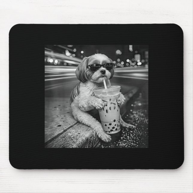 Funny Shih Tzu Drinking Iced Coffee Dog Lovers Mouse Pad (Front)