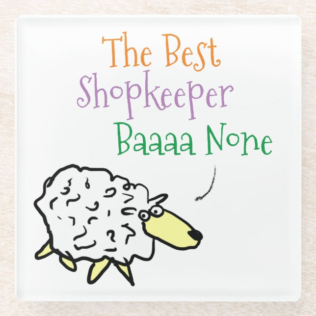 Funny Shopkeeper Sheep Best Baaa None Cartoon Glass Coaster (Front)