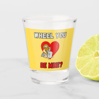 FUNNY! Shot Glass Caveman - Wheel You be mine?