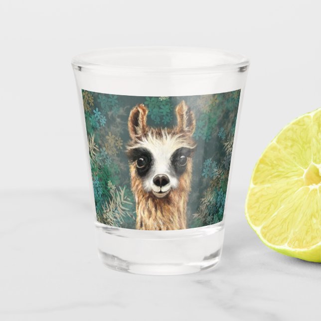 Funny Shot Glass with Curious Baby Llama (Front)