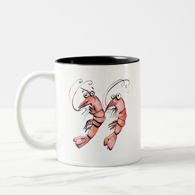 Funny Shrimps, 'shrimply the best' pink shrimp Art Two-Tone Coffee Mug (Left)