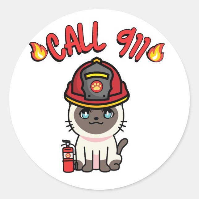 Funny siamese cat is a firefighter  classic round sticker (Front)