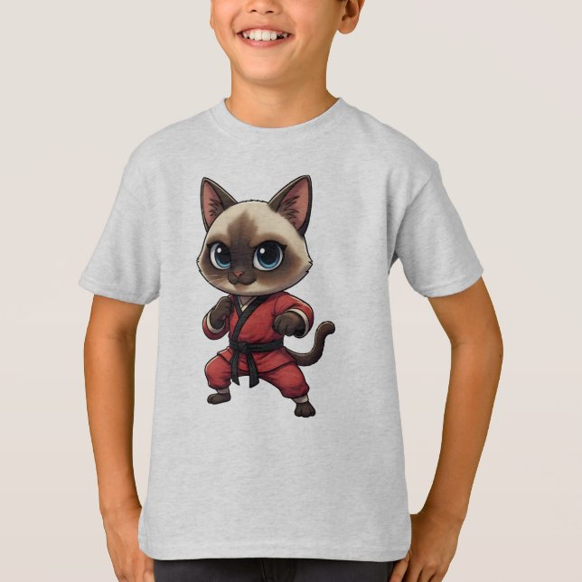 Funny Siamese Kung Fu Cat, Kitten Martial Arts T-Shirt (Front)