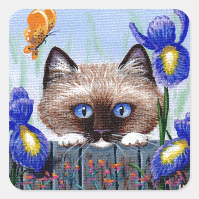 Funny Siamese Ragdoll Burmese Cat Irises Square Sticker (Front)