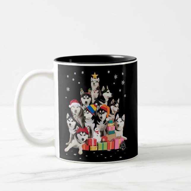 Funny Siberian Husky Christmas Tree Pet Dog Lover  Two-Tone Coffee Mug (Left)