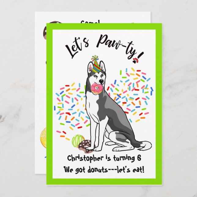 Funny Siberian Husky Doughnuts Birthday Party Invitation (Front/Back)