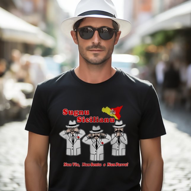 Funny Sicilian Saying Mafia Characters T-Shirt (Sugnu Sicilianu: I'm a Sicilian (male) Funny Mafia Cartoon Tee
"I don't see, hear, or speak.")