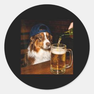 Funny Silly Australian Shepherd Drinking Beer Dog Classic Round Sticker