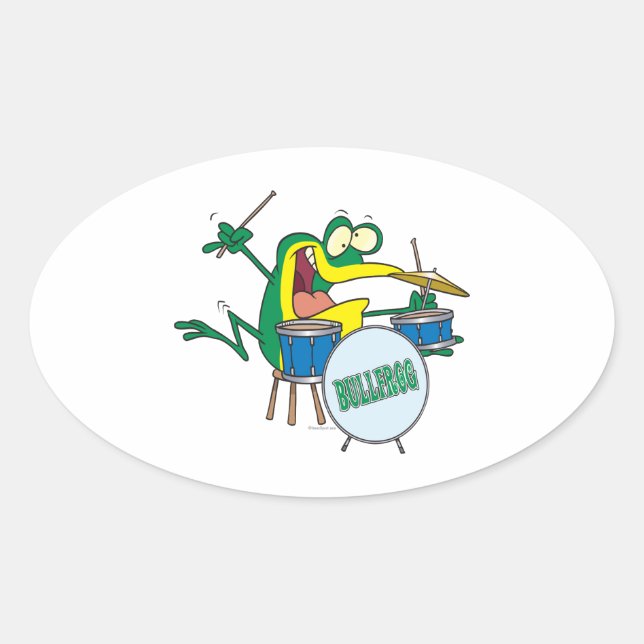 funny silly cartoon frog drummer cartoon oval sticker (Front)