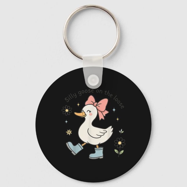 Funny Silly Goose On The Loose Cute Bow Rain Boots Key Ring (Front)