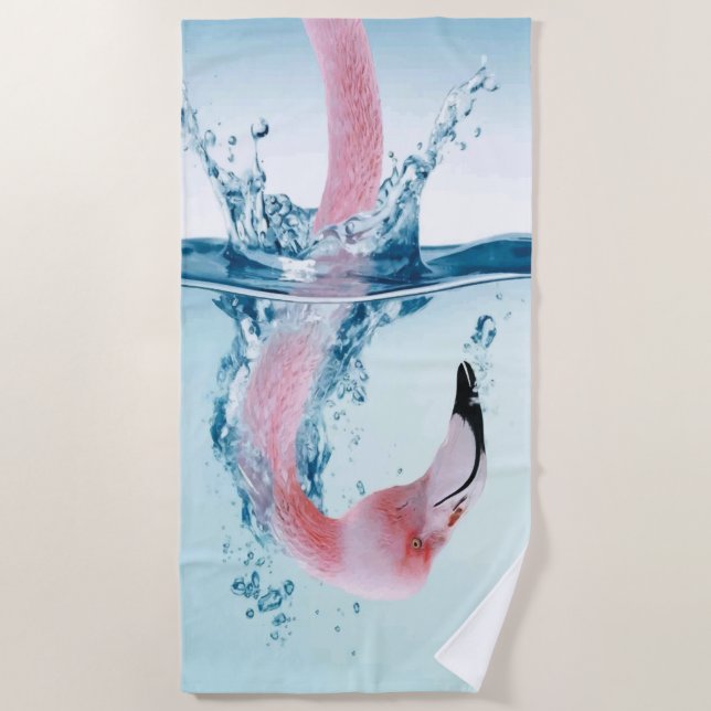 Funny Silly Pink Flamingo Takes a Dip Beach Towel (Front)