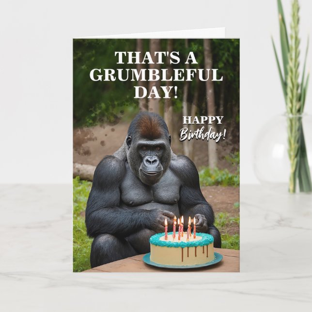 Funny Silver Back Gorilla Celebrating Birthday Card (Front)