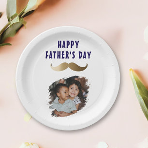 Funny Simple Moustache Happy Father's Day Photo Paper Plate