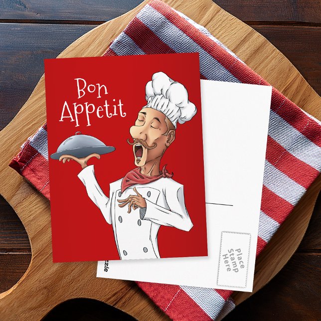 Funny Singing Chef on Red Postcard (Creator Uploaded)