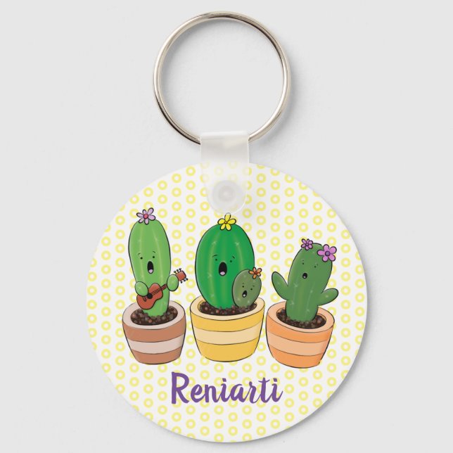 Funny singing green cactus cartoon illustration key ring (Front)