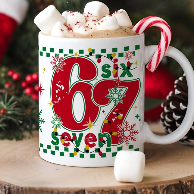 Funny Six Seven 67 6 7 Meme Fun Christmas Gift Coffee Mug (Funny Christmas six seven 67 6 7 meme trendy retro Xmas santa lights holiday humor coffee mug gift)