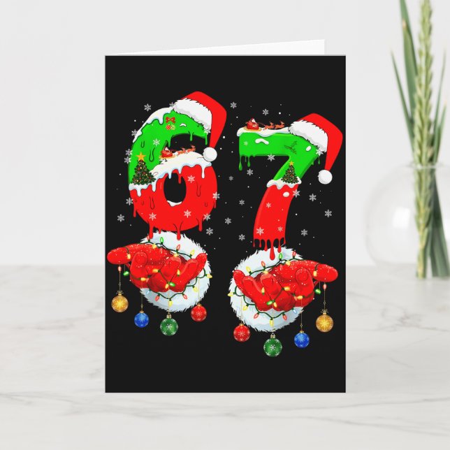 Funny Six Seven 67 Meme 6 7 Christmas Santa Hand B Card (Front)