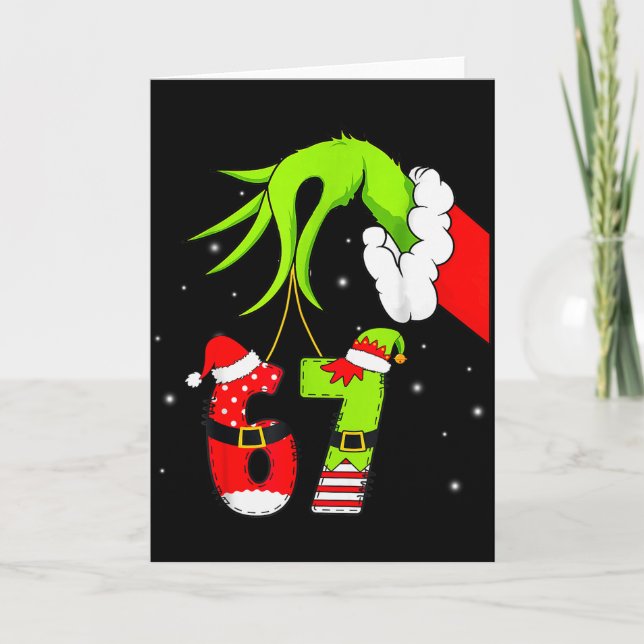 Funny Six Seven 67 Meme 6 7 Elf Santa Christmas Pa Card (Front)