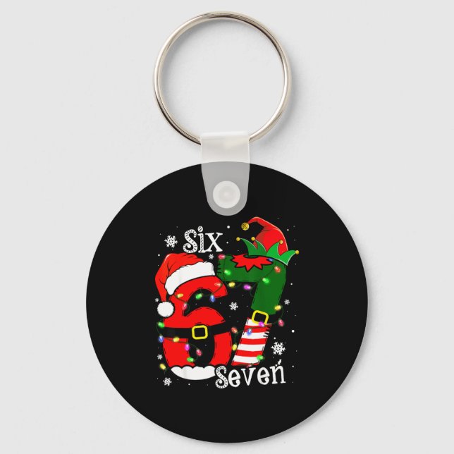 Funny Six Seven 67 Meme 6 7 Elf Santa Christmas Pa Key Ring (Front)