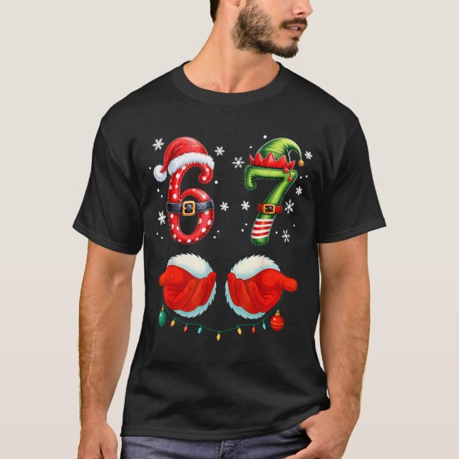 Funny Six Seven 6 7 Meme Christmas Humor Santa Elf T-Shirt (Front)