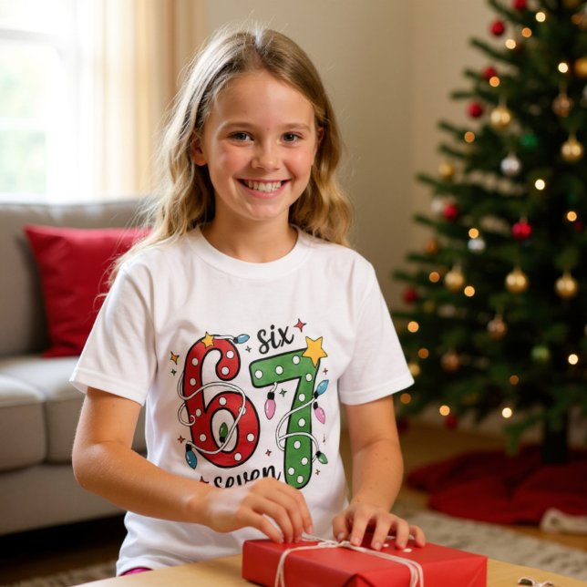 Funny Six Seven 6 7 Meme Christmas Lights Kids T-Shirt (Creator Uploaded)