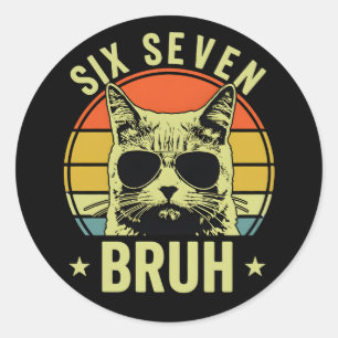 Funny Six Seven Bruh Cat Retro Attitude Cool Vibes Classic Round Sticker