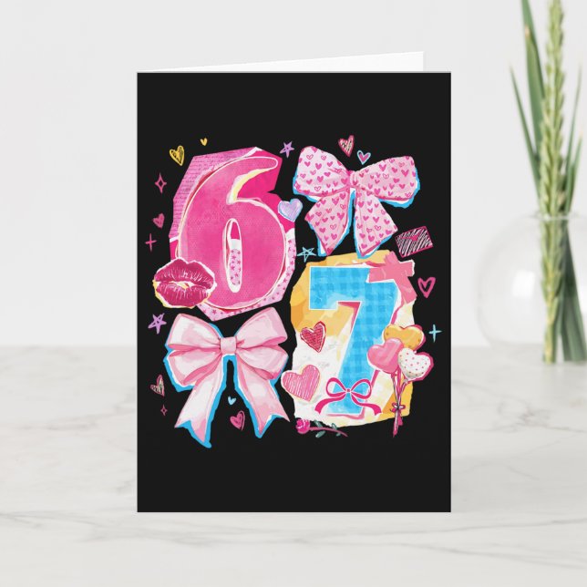 Funny Six Seven Valentine Coquette Bow Preppy Hear Card (Front)