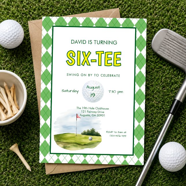 Funny Six-tee Golf 60th Birthday  Invitation (Six-tee funny golf 60th birthday invitation)