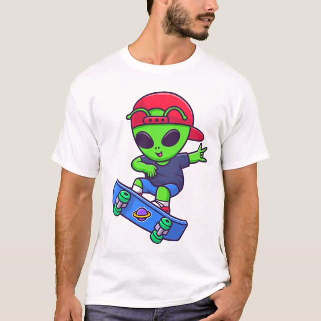 Funny Skateboarding Alien Streetwear Design T-Shirt (Front)