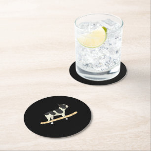 Funny Skateboarding French Bulldog Puppy Round Paper Coaster