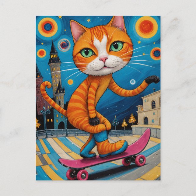 Funny Skateboarding Surreal Ginger Cat Postcard (Front)