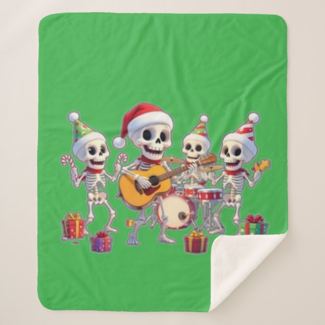 Funny Skeleton Band Christmas & New Year – 3D Cart Sherpa Blanket (Front)