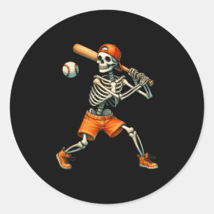 Funny Skeleton Batting Baseball Halloween Boys Men Classic Round Sticker
