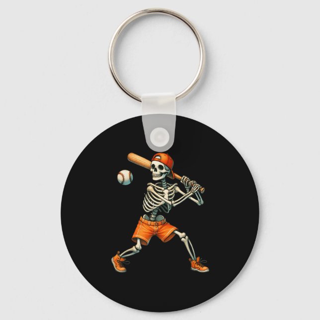 Funny Skeleton Batting Baseball Halloween Boys Men Key Ring (Front)