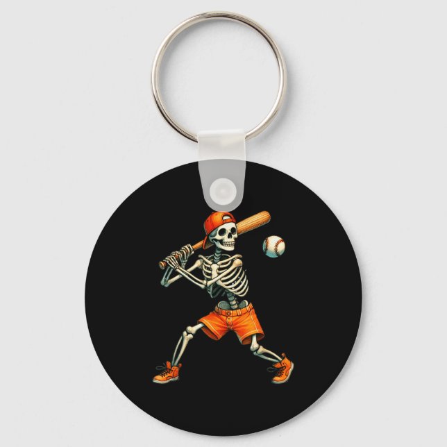 Funny Skeleton Batting Baseball Halloween Boys Men Key Ring (Front)