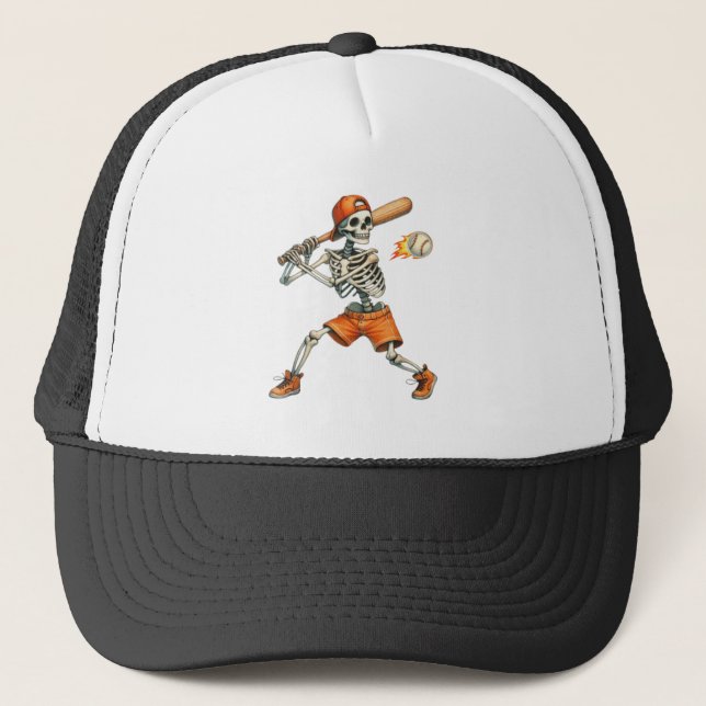 Funny Skeleton batting Baseball Halloween  Trucker Hat (Front)