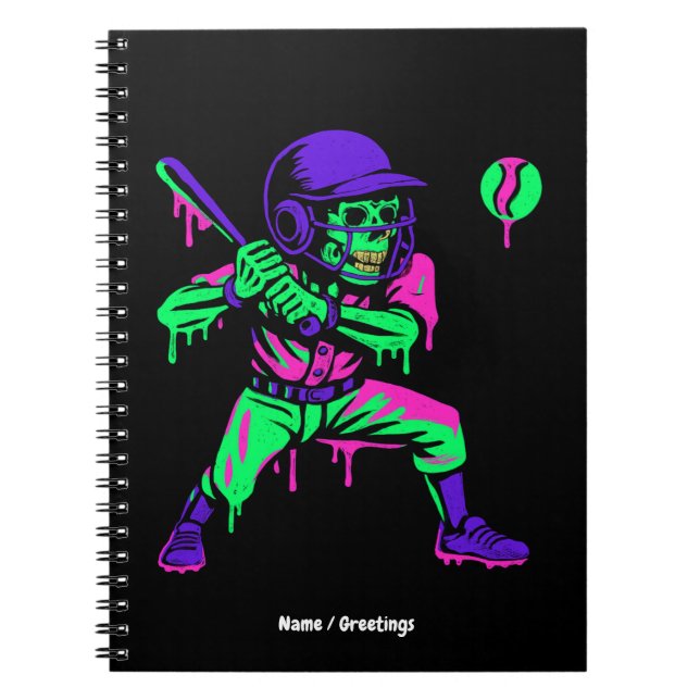 Funny Skeleton Batting Ice Cream Dripping Baseball Notebook (Front)