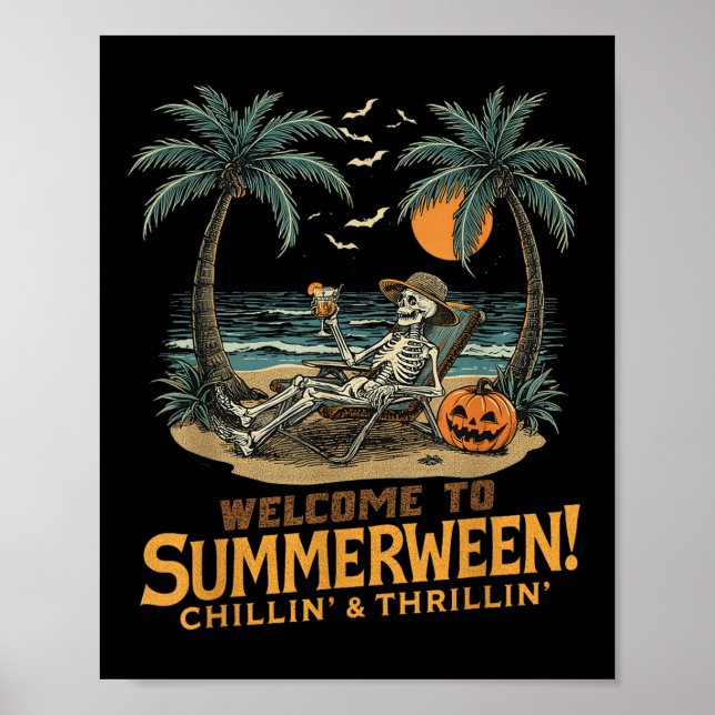 Funny Skeleton Beach Sunset Spooky Vacation Hallow Poster (Front)