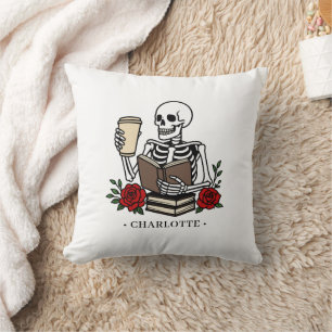 Funny Skeleton Book and Coffee Lover Cushion